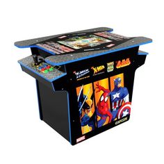 an arcade machine with various pictures on the front and side panels, including captain america