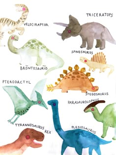 watercolor dinosaurs with their names in different colors and sizes, including trilops