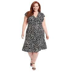 This women's plus size dot print ruffle sleeve v-neck midi dress from London Times is a must-have for any closet!Click on this WOMEN'S GUIDE to find the perfect fit and more! This women's plus size dot print ruffle sleeve v-neck midi dress from London Times is a must-have for any closet!Click on this WOMEN'S GUIDE to find the perfect fit and more! FEATURES A-line silhouette Straight hem Zipper back Short ruffle sleeves V-neckFIT & SIZING Fitted bodice, A-line skirt 44 1/2-in. length from shoulde Petite Size Chart, V Neck Midi Dress, Ruffle Sleeves, Womens Size Chart, Petite Size, Dot Print, Fitted Bodice, A Line Skirt, A Line Skirts