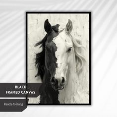 a black and white photo of a horse with long hair in front of a wall