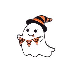 a white ghost with a black hat and orange scarf