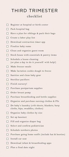 a checklist with the words third trimester written in black and white on it