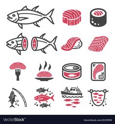 different types of sushi and other foods in black and red on a white background