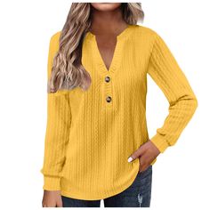 Womens Black Sweaters Button round Neck Long Sleeve Waffle Knit Pullover Tops - Walmart.com Womens Black Sweater, Long Sleeve Tops Casual, Hipster Fashion, Loose Shirts, Plus Size Kleidung, Pullover Shirt, Women Shirts Blouse, Komplette Outfits, Solid Tops