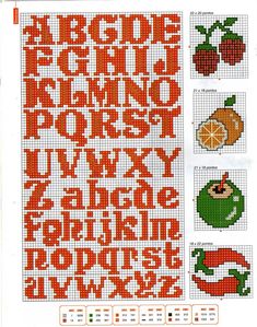 the cross stitch alphabet is made up of different fruits and vegetables