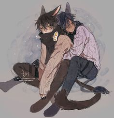 two anime characters sitting on the ground with their backs to each other, one is wearing a cat mask