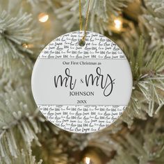 a personalized ornament hanging on a christmas tree with the words mr and mrs written in cursive font