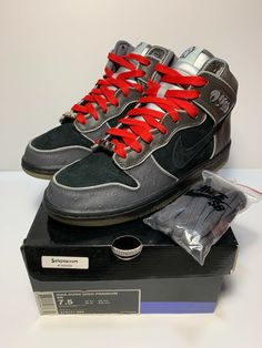 Welcome eBayers! Up for auction:  Model: Nike Dunk High Premium SB "MF DOOM" Size: Men's US 7.5 UK 6.5 Release Date: 7/24/2007 Color: Black/Black-Midnight Fog Product Code: 313171-004 Description: They are in EXCELLENT condition. Uppers are still in AMAZING condition for a sneaker that is over 10 years old. There is some discoloration on the soles from age. Please refer to ALL of the pictures. They come with the original insoles, laces, extra laces, lace-locks and box. Terms/Conditions: I caution all buyers to wear at their OWN risk. I am NOT responsible if the sneakers break, crack, or separate after wear. All of my items are guaranteed 100% authentic! They are also rare and completely sold out in stores!  I do not deal with fakes or variants! Please view all the pictures provided or ask Mf Doom Dunks, Nike Dunk High Premium, Mf Doom, Cute Glasses, Nike Dunk High, Dunk High, Black Trainers, Nike Dunk, Nike Dunks