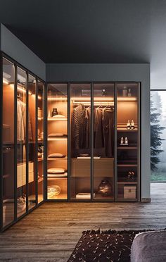 a walk in closet with sliding glass doors