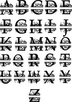 an old english alphabet with swirly font and capital letters, all in black on white