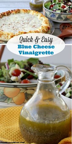 an image of blue cheese vinaigrete with salad in the background and on the table