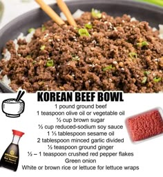 korean beef bowl recipe with instructions for cooking it in a skillet, including ground beef and seasoning