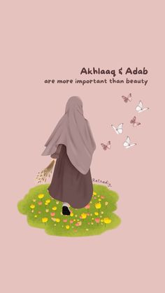 an illustration of a woman in a hijab sitting on the grass with butterflies flying around