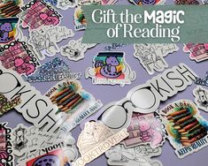 a pile of stickers with the words gift the magic of reading written on them