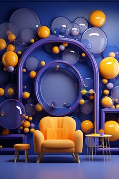 an orange chair sitting in front of a blue wall with balloons and circles on it