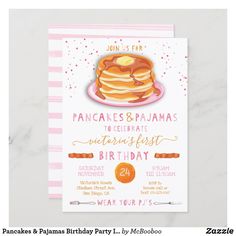 a pink and white birthday party card with pancakes on the plate, text reads pancakes & pajamas to celebrate children's first birthday