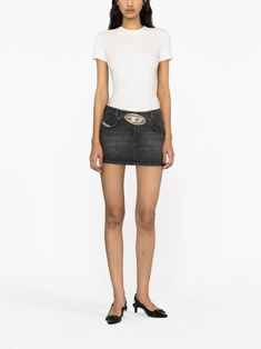 Diesel Oval D Buckle Denim Skirt - Farfetch Fitted Black Denim Skirt With Belt Loops, Fitted Mid-rise Denim Skirt With Belt Loops, Chic Fitted Denim Skirt With Belt Loops, Fitted Mini Length Denim Skirt With Belt Loops, Diesel Skirts, Denim Miniskirt, Micro Skirt, Diesel Jeans, Buckle Belt