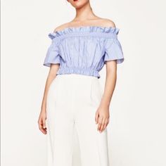 Blue And White Stripe Zara Blue Summer Blouse, Summer Blue Zara Blouse, Chic Blue Summer Top, Chic Blue Top For Vacation, Chic Blue Summer Blouse, Elegant Blue Tops For Spring, Elegant Light Blue Tops For Spring, Elegant Light Blue Top For Spring, White Off-shoulder Blouse For Work