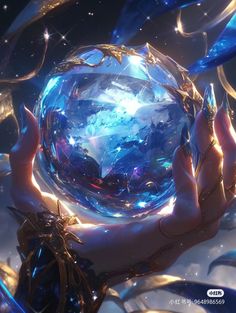 a close up of a person holding a crystal ball in their hands with blue lights