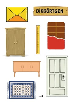 an assortment of furniture and decor items with the words diktortgen written on them