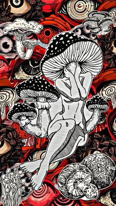 a drawing of a man surrounded by many different types of mushrooms and other things in the background