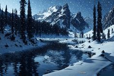 snow covered mountains and trees are reflected in the still water of a mountain lake at night