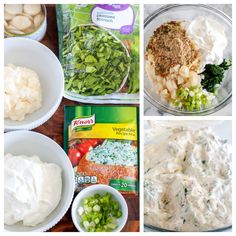 four pictures showing different types of food including vegetables, dips and mashed potatoes