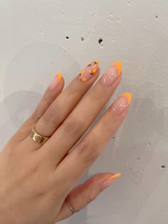 Colored Nail Tips Almond, Asymmetric French Nails, Tangerine Nails Design, Summer Retro Streetwear Sneakers, Oranges On Nails, Red Retro Sneakers With Rubber Sole, Summer Nails Oval, Round Summer Nails, Red Chunky Sneakers