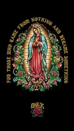 an image of the virgin mary with roses on it