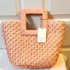 A. New Day Medium Pink Straw Tote. Nwt 10" Bottom Width 14" Top Width 9 1/2" H 5 " D Tan Leather Tote, Color Block Tote, Valentine Theme, Travel Purse, Straw Tote, Blue Logo, Day Bag, Shoulder Tote Bag, Shoulder Tote