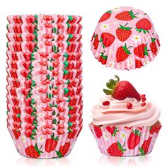 strawberry cupcake wrappers with strawberries and flowers on them are shown in front of a white background