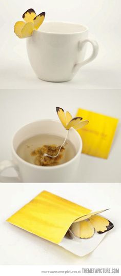 two photographs of yellow butterflies in a white cup and saucer with spoons on the side