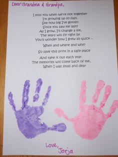 two handprints on a piece of paper with the words dear grandma and grandpa