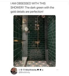 a green tiled shower with gold accents and black tiles on the walls is featured in an instagram