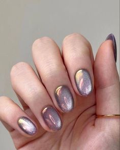 Purple Chrome Nails, Nail Short, Aura Nails, Eye Nail Art, Short Fake Nails, Cat Eye Nails, Oval Nails, Nail Charms