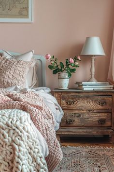 a bedroom with pink walls and white bedding, rugs and flowers on the nightstand