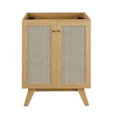 a wooden cabinet with two doors and some handles on it's sides, in front of a white background