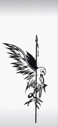 a black and white drawing of an arrow with wings