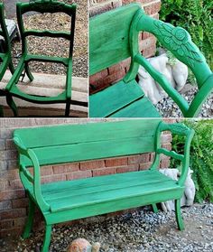 the green bench is sitting next to the brick wall and has an animal figurine on it