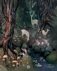 a painting of deer and mushrooms in the woods