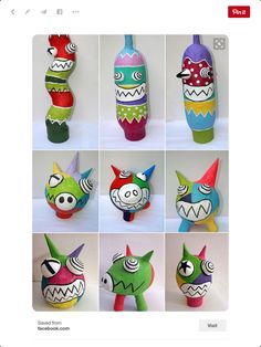 many different colored vases with faces and mouths painted on them, all in different colors