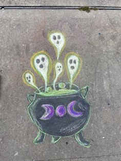 a chalk drawing of a pot full of spooky plants