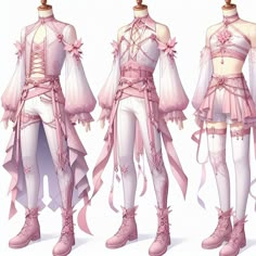 three different views of a pink and white costume