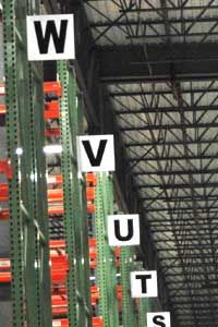 the words vuts are spelled out in white letters on green racks with orange boxes behind them