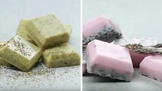 three different types of soaps on the left and right side, one is pink