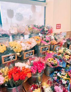 a bunch of flowers that are in buckets on a table next to a window