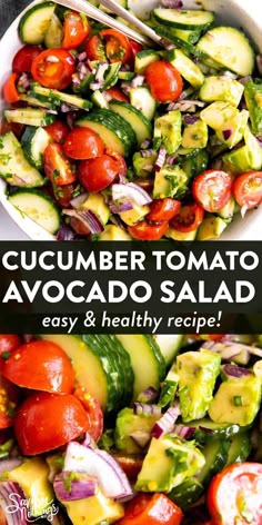 cucumber tomato avocado salad in a white bowl