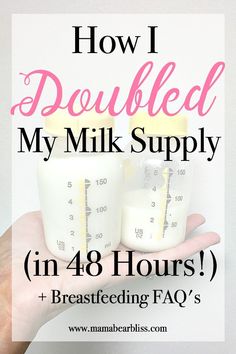 two measuring cups with the words how i doubled my milk supply in 48 hours and breastfeeding faq's