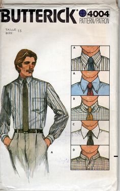 Vintage 1980s, neatly cut, Mens Shirt, size 15, 4 collar choices, sewing pattern, Butterick 4004, inexpensive shipping 70s Patterns, Collar Variations, 1980s Men, Mens Shirt Pattern, Mens Sewing Patterns, Butterick Pattern, Sewing Pattern Sizes, Tailored Shirts, Gentleman Style