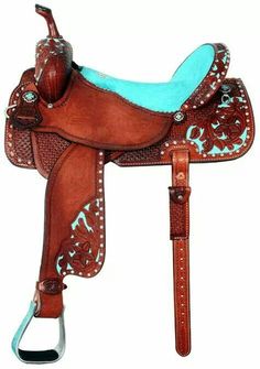 a brown and blue horse saddle with a turquoise seat on it's back end